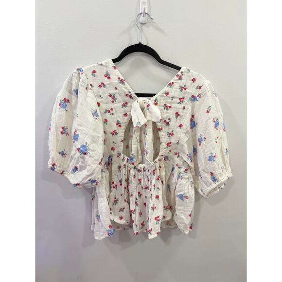 Free People Chloe Printed Top Sz Small  Floral Print Short Sleeve Tie Back Shirt - Picture 3 of 9